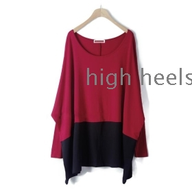 2012 new spring clothing black and red color bats sleeve Europe together round brought loose BianFuShan long-sleeved T-shirt render female             