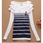 Han edition hot spring and autumn winter fashion taste sweet  leaf sleeve navy dress badge round brought stripes long-sleeved T-shirt            
