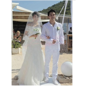 Flood's wedding dress 2012 new star with a word of high-grade gigi leung wing-kei shoulder short sleeve bud silk trailing gown