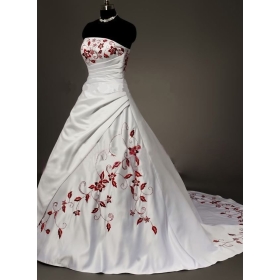Fashion 2012 White and Red Emboridery Strapless Sleeveless Satin A Line Ball  Wedding  Evening Prom Cocktail Gown Dress US Size 2 4 6 8 10 12 14 16 18 20 Or Custom