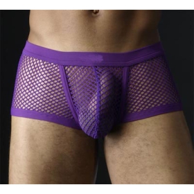  Hot Sale  Man's Gauze Fish Net Sexy Nightwear Underwear Men's mesh  Boxer Briefs Purple Free Shipping!