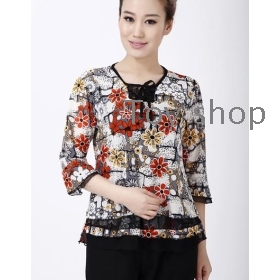 The new old middle-aged women's clothing summer fashion mother put flower bud silk shirt short sleeve big yards T-shirt