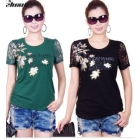 Han edition fashion maple leaf printing manual nail bead bud silk joining together short sleeve T-shirt