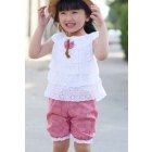 free shipping  New female children's clothing  sleeveless shirt grid T-shirt + shorts suits        