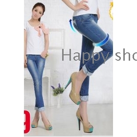 New shallow blue elastic waist bud in nine points jeans female summer joining together show thin thin little flanging pants  