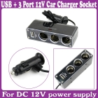 USB + 3 Port 12V Car Charger Socket for Mobile GPS PDA _Free Shipping