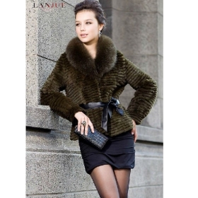 2012 modern free shipping girls rex rabbit fur garment and coat with fox fur collar and leather belt 