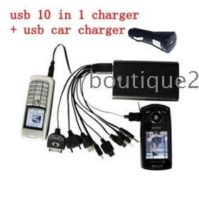 Free shipping USB 10-in-1 Charger cable +car charger for camera,PDA,Cellphone, #8211  