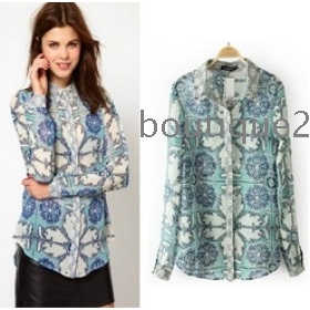 2013 Spring New Europe And The United States Rivets Lapel Printing Loose Chiffon Blouses Shirts 