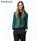 Free Shipping bow chiffon perspectivity long-sleeve women's shirt blackish green Size : XS - XXL 