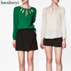 Free Shipping chest fan-shaped cutout thick chiffon solid color long-sleeve women's shirt 3 Color Size : XS - XXL 