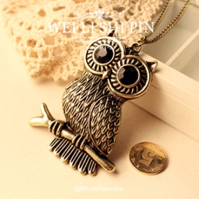 Free Shipping Fashion retro Jewelry Jewelry retro embossed owl necklace sweater chain [47]