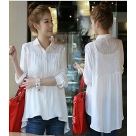 Free shipping women fashion summer Loose long-sleeved  lace stitching shirts white shirt 50232