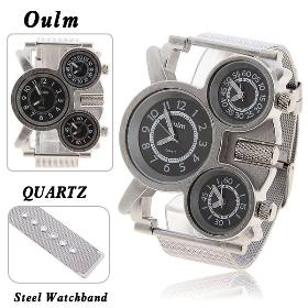 Top Brand Oulm Multi Zone 3-Movt Quartz Steel Military Wrist Men Watch with Black Dial for Male - Silver