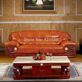Classical carved mahogany leather sofa grade imported cow leather European sofa G303