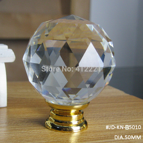 Free shipping 2pcs/lot New Products 50 mm k9 Crystal Triangle Cut Faces Ball Big Knob for furniture handle & Knob In Gold base
