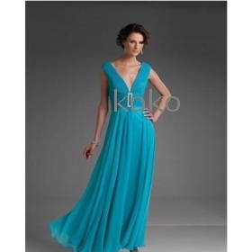 Groothandel - gratis verzending nieuwe Evening bruid jurk turquoise chiffon enkellange V - hals column moeder jurk formele partij jurk maten / kleuren # wq8