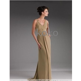 Wholesale -free shipping new Evening Bride Dress  khaki satin and chiffon sweep train V-neck column mother dress  formal party gown sizes/color  #qw11