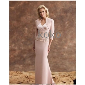 Groothandel - gratis verzending nieuwe Evening Bride Dress kant versierd lichtroze satijnen tweedelige volle lengte kolom moeder jurk set formele partij jurk maten / kleuren # QQ2