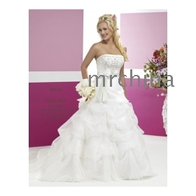 Best Selling Organza  Wedding Dress Strapless Neckline with A-Line Asymmetrical Pick up Skirt and Elegant Bow Decoration