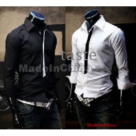 חולצות הסיטוניים -Men השחור קלסיולכייס חולצה ארוכת שרוולים להיט בצבע לבן מזדמן