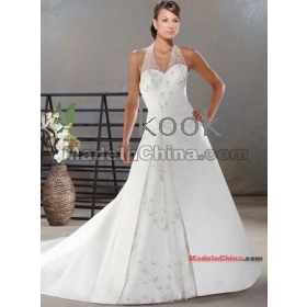 gratis forsendelse Wholesale lavet efter mål -A-Line/Princess Halter Top Cathedral Train Satin fuld længde Prom Dress brudekjoler kjoler sexy dress ONE- PIECE DRESS aften kjole # ctv60