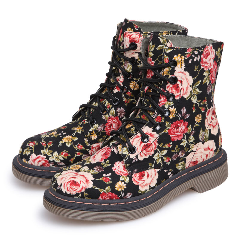 VANCL Floral Pattern Up Ankle Boots Black Red SKU Wholesale VANCL