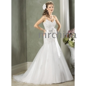 beautiful /A-Line spaghetti girdle Cathedral train satin /taffeta/chiffon wedding dress for brides wedding dresses 