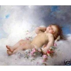 Oil painting sleeping little angel & flowers