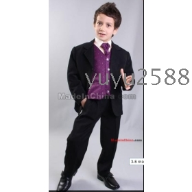 Black jacket, trousers,Cummerbund,Purple waistcoat,cravat. 5 pieces Boys Tuxedo Dinner Suit Wedding Suit