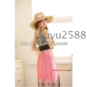 2144 bohemiastyle National Feature v-neck Beach Dresses Leisure peach long skirt