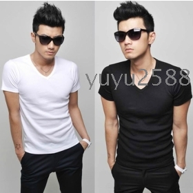 men 100% cotton v-neck short sleeve T-shirts white and black