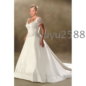  A Line Cap Sleeve Embroidered Satin V Neck Cathedral Train  Plus Size Wedding Dress