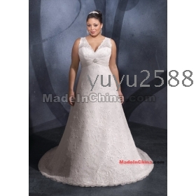 Free Shipping Custom  Sleeveless A Line Appliqued Satin Plus Size Wedding Dress