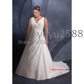 Free Shipping Custom  Sleeveless A Line Organza Satin  Gown V-Neck Chapel Train Plus Size Wedding Dress