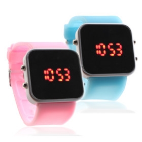 Couple Silicone Band Jelly Sport Style Square Mirror LED Wrist Watch - Light Blue & Pink