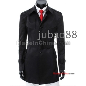 free shipping men jacket solid color long style men trench coat belt design dust coat black/silver grey m-xxl s34/p110 