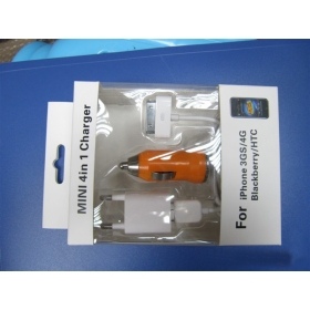 New Set! Mini 4-1 car charger set Power USB Adapter w/ USB Data + Charging Cable for  4/4GS/3GS with package(DC 12V)