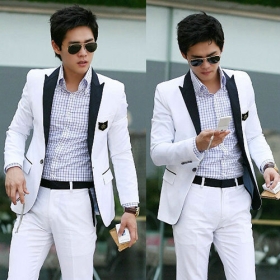 KOPIYREGVXZMSA custom-made white suit  suit wedding suit Stylish polyester chemical fiber Slim Fit strip 2 Buttons men's Suit 