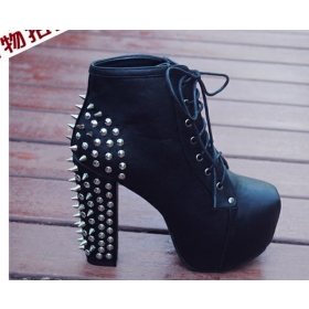 12072101 Free Shipping Womens Hot Sale Shoes Lace Ups Cool Rocker Favor Rivet Embellished High-heeled PU Boot Black