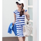 Free shipping Womens dresses short sleeve Korean Style Stripe Design Round Collar Dress Blue LH12062820-1