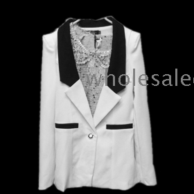 JY13030111 Casual Color Block Single Buttons Lapel Collar Blazer Coat White 