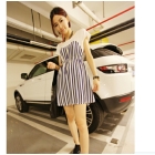 Free shipping Womens dresses Short Sleeves Cool Vertical Stripe Waisted Splicing Comfy Dress Blue 12062709-1