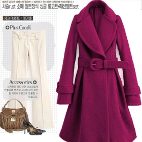 Lady Fashion Lapel Long Sleeve Cuff Band Long Overcoat,Belted, Wine,Size:S,M,L,Winter Wear   JR0016