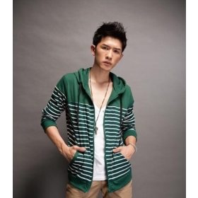 2012 Wholesale clothing Mens Coat Concise All-match Stripe Zipper Embellished Hooded Coat Green M/L/XL MZ12010402-2