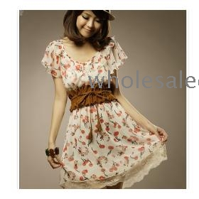 Sweet Women's Cherry Printed Chiffon Dress With Tassel Belt O13062509