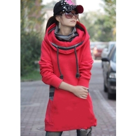 free shipping Leisure Style Large Size Front Pocket Fleeces Hooded Coat Red   LY12020802