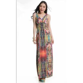 2013 Free Shipping Fashion Retro Printed V Collar Long Chiffon Maxi Dress Pink BJ13060101-1