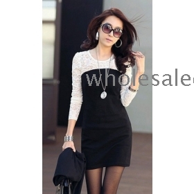 Womens Hot Sale Long Sleeve Dresses Cotton+ Short Dresses Graceful  Decorate Dress Black&White Size L HY12080806-2 