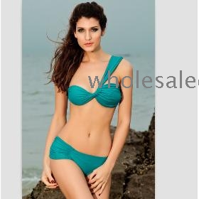 Sexy Asymmetric Ruched Jade Single Shoulder Two-Pieces Bikini Sets Swimwear Blue ZX13070716